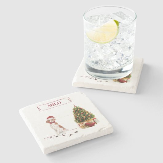 ブリタニおもしろいスのクリスマス犬と木 ストーンコースター (横)