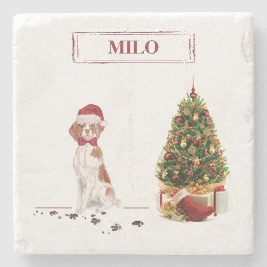 ブリタニおもしろいスのクリスマス犬と木 ストーンコースター (正面)