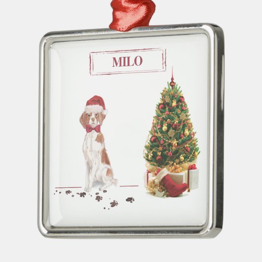 ブリタニおもしろいスのクリスマス犬と木 メタルオーナメント (左)