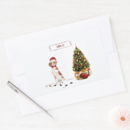 ブリタニおもしろいスのクリスマス犬と木 長方形シール