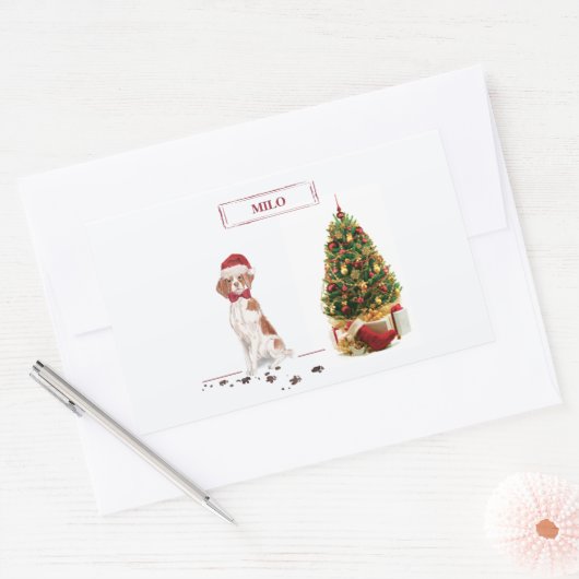 ブリタニおもしろいスのクリスマス犬と木 長方形シール (封筒)
