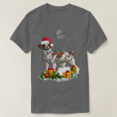 ブリタニおもしろいースパニエル犬ドッグクリスマスライトサンタ Tシャツ (デザイン正面)