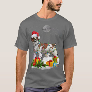 ブリタニおもしろいースパニエル犬ドッグクリスマスライトサンタ Tシャツ