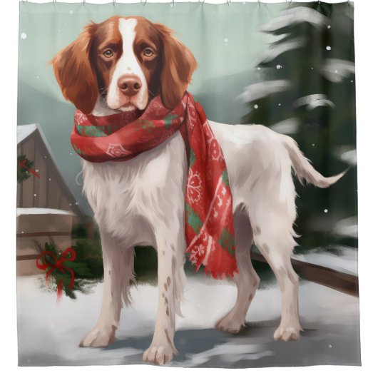 ブリタニーのスパニエル犬犬で雪のクリスマス シャワーカーテン (正面)