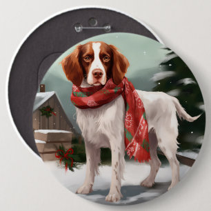 ブリタニーのスパニエル犬犬で雪のクリスマス 缶バッジ