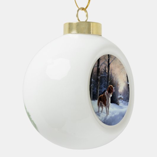 ブリタニースパニエル犬がそれを雪のクリスマスに許可 セラミックボールオーナメント (左)