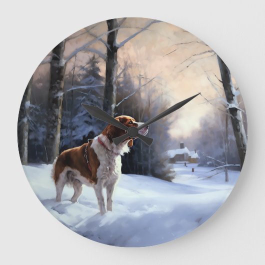 ブリタニースパニエル犬がそれを雪のクリスマスに許可 ラージ壁時計 (正面)