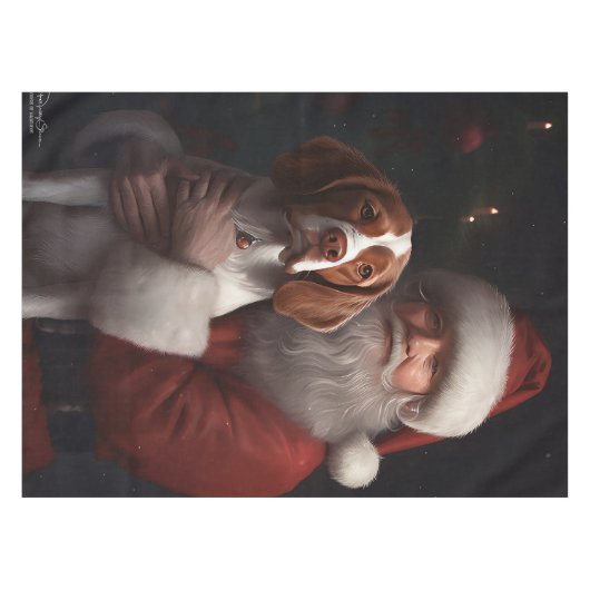 ブリタニースパニエル犬とサンタクロースのクリスマス テーブルクロス (正面(横))