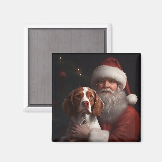 ブリタニースパニエル犬とサンタクロースのクリスマス マグネット (正面/裏面)