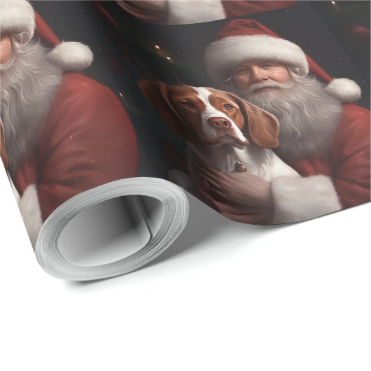ブリタニースパニエル犬とサンタクロースのクリスマス ラッピングペーパー (ロールコーナー)
