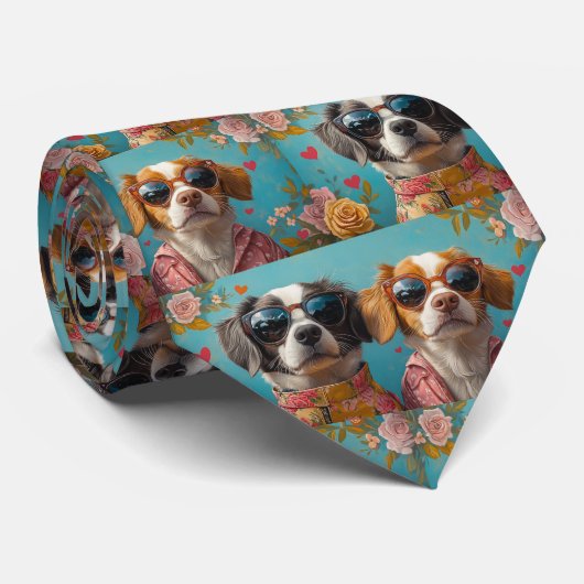 ブリタニースパニエル犬とハートバラバレンタインデー ネクタイ (ロール)