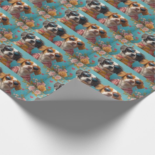 ブリタニースパニエル犬とハートバラバレンタインデー ラッピングペーパー (角)