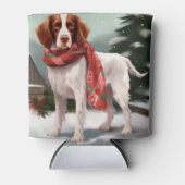 ブリタニースパニエル犬と雪のクリスマス 缶クーラー (正面)