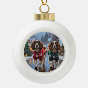 ブリタニースパニエル犬のクリスマススノーお祝い セラミックボールオーナメント