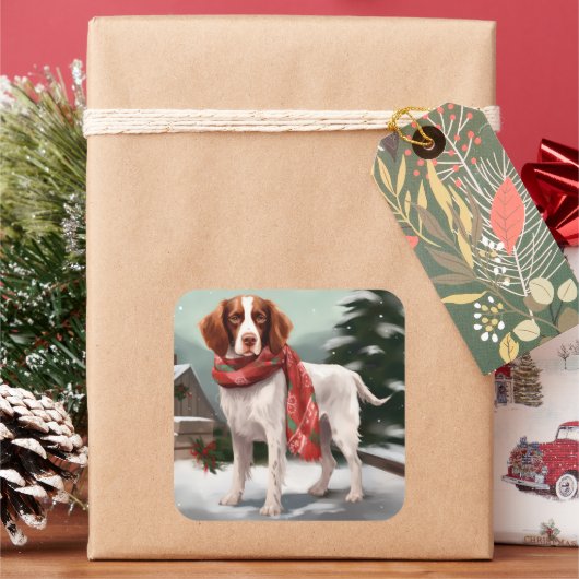 ブリタニースパニエル犬のクリスマススノー スクエアシール (クリスマス)