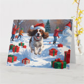 ブリタニースパニエル犬クリスマスフェスティバルスノーシーン カード (黄色い花)