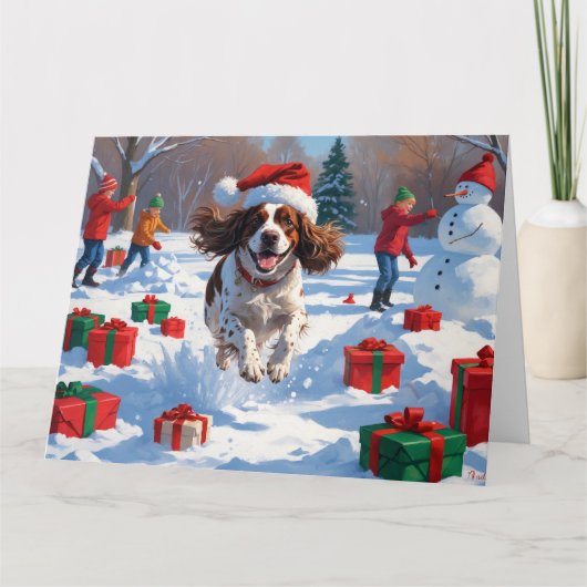 ブリタニースパニエル犬クリスマスフェスティバルスノーシーン カード (正面)