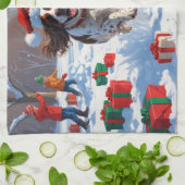 ブリタニースパニエル犬クリスマスフェスティバルスノーシーン キッチンタオル (折り畳み)