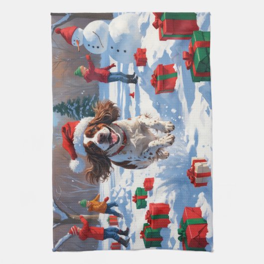 ブリタニースパニエル犬クリスマスフェスティバルスノーシーン キッチンタオル (縦)