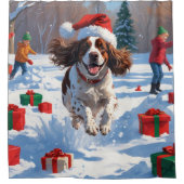 ブリタニースパニエル犬クリスマスフェスティバルスノーシーン シャワーカーテン (正面)