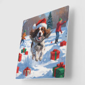 ブリタニースパニエル犬クリスマスフェスティバルスノーシーン スクエア壁時計 (傾斜)