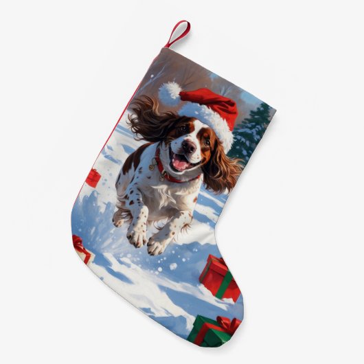 ブリタニースパニエル犬クリスマスフェスティバルスノーシーン スモールクリスマスストッキング (正面 (吊り時))