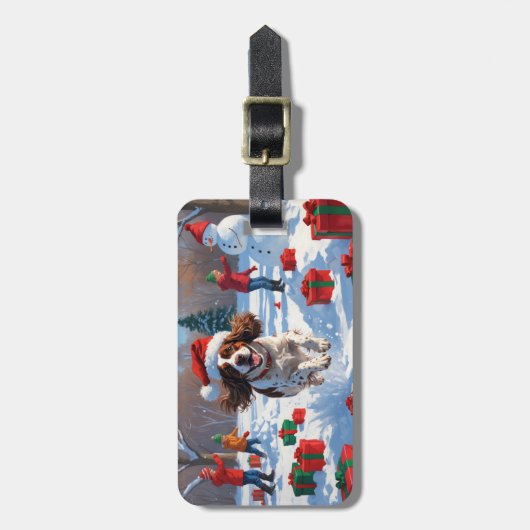 ブリタニースパニエル犬クリスマスフェスティバルスノーシーン ラゲッジタグ (正面縦)