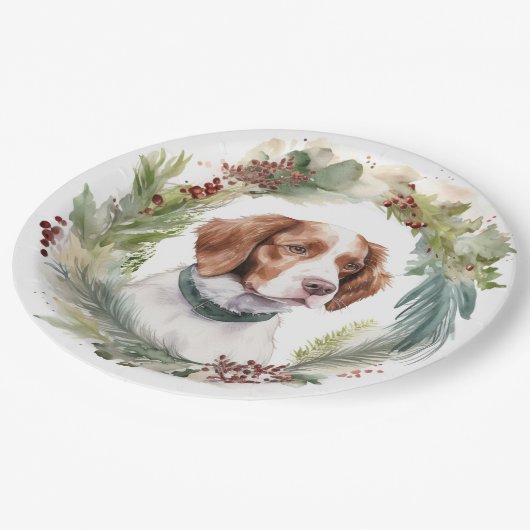 ブリタニースパニエル犬クリスマスリースフェスティバルカップ ペーパープレート (アングル)