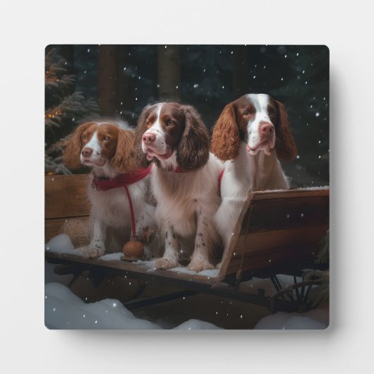 ブリタニースパニエル犬スノウィースリークリスマスデコール フォトプラーク (正面)