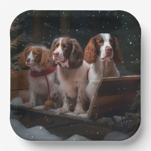 ブリタニースパニエル犬スノウィースリークリスマスデコール ペーパープレート (正面)