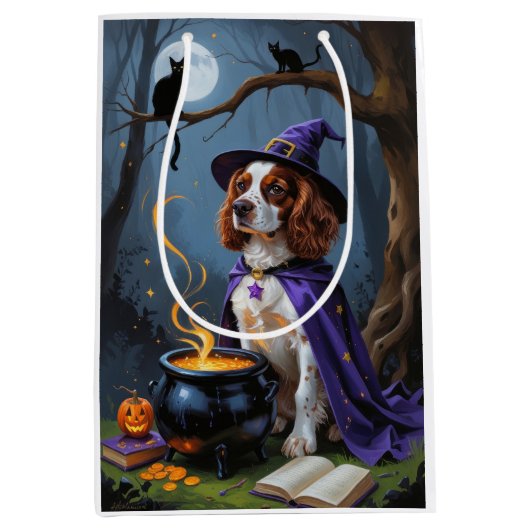 ブリタニースパニエル犬ドッグお洒落ハロウィン絵を描ズ ミディアムペーパーバッグ (正面)