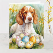 ブリタニースパニエル犬ドッグとイースターエッグホリデー カード (黄色い花)