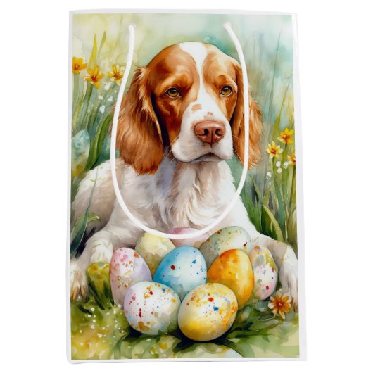 ブリタニースパニエル犬ドッグとイースターエッグホリデー ミディアムペーパーバッグ (正面)
