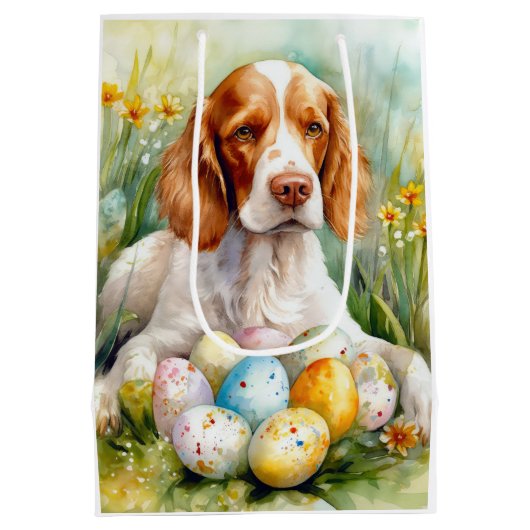 ブリタニースパニエル犬ドッグとイースターエッグホリデー ミディアムペーパーバッグ (裏面)