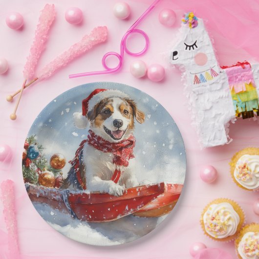 ブリタニースパニエル犬ドッグインスレッジクリスマス ペーパープレート (パーティー)