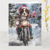 ブリタニースパニエル犬ドッグオートバイクリスマスに乗る カード (黄色い花)