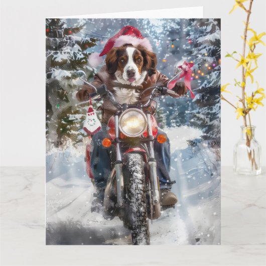 ブリタニースパニエル犬ドッグオートバイクリスマスに乗る カード (黄色い花)