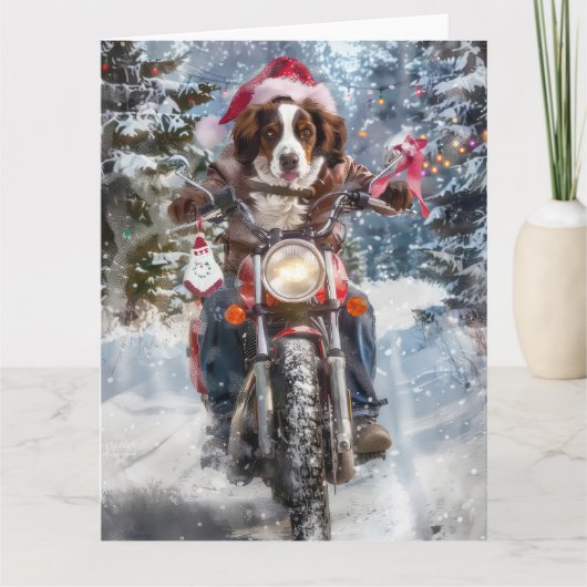 ブリタニースパニエル犬ドッグオートバイクリスマスに乗る カード (正面)