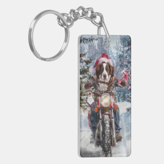 ブリタニースパニエル犬ドッグオートバイクリスマスに乗る キーホルダー (正面左)