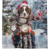 ブリタニースパニエル犬ドッグオートバイクリスマスに乗る シャワーカーテン (正面)