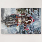 ブリタニースパニエル犬ドッグオートバイクリスマスに乗る ジグソーパズル (横)