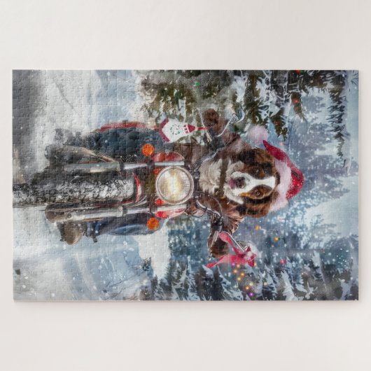 ブリタニースパニエル犬ドッグオートバイクリスマスに乗る ジグソーパズル (横)