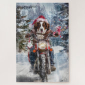 ブリタニースパニエル犬ドッグオートバイクリスマスに乗る ジグソーパズル (縦)