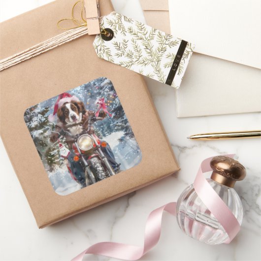 ブリタニースパニエル犬ドッグオートバイクリスマスに乗る スクエアシール (ギフト)