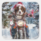 ブリタニースパニエル犬ドッグオートバイクリスマスに乗る スクエアシール (正面)