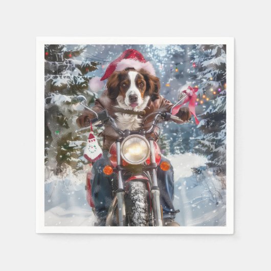 ブリタニースパニエル犬ドッグオートバイクリスマスに乗る スタンダードカクテルナプキン (正面)