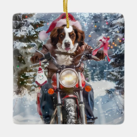 ブリタニースパニエル犬ドッグオートバイクリスマスに乗る セラミックオーナメント (正面)