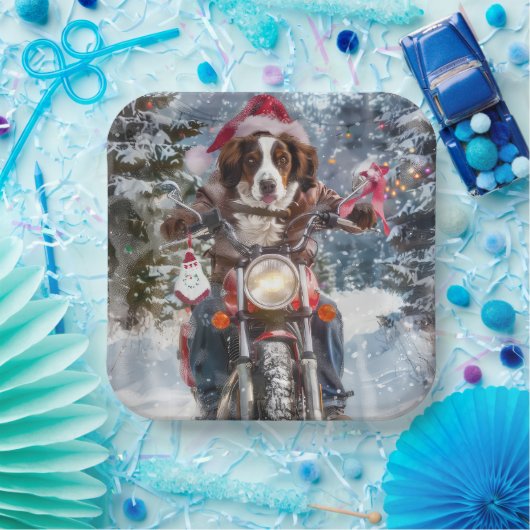 ブリタニースパニエル犬ドッグオートバイクリスマスに乗る ペーパープレート (パーティー)