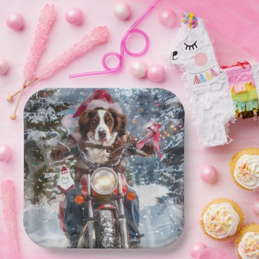 ブリタニースパニエル犬ドッグオートバイクリスマスに乗る ペーパープレート (パーティー)