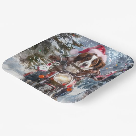 ブリタニースパニエル犬ドッグオートバイクリスマスに乗る ペーパープレート (傾斜あり)